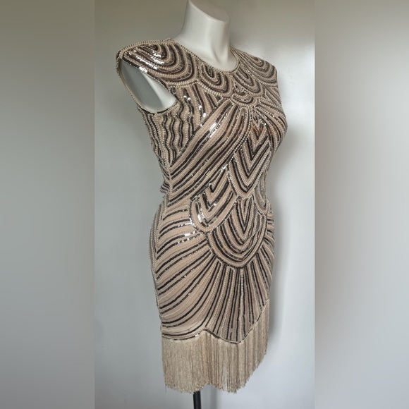 Dazzling Beige And Silver Fringed Beaded Flapper Dress 100% Polyester Size M - Picture 3 of 13